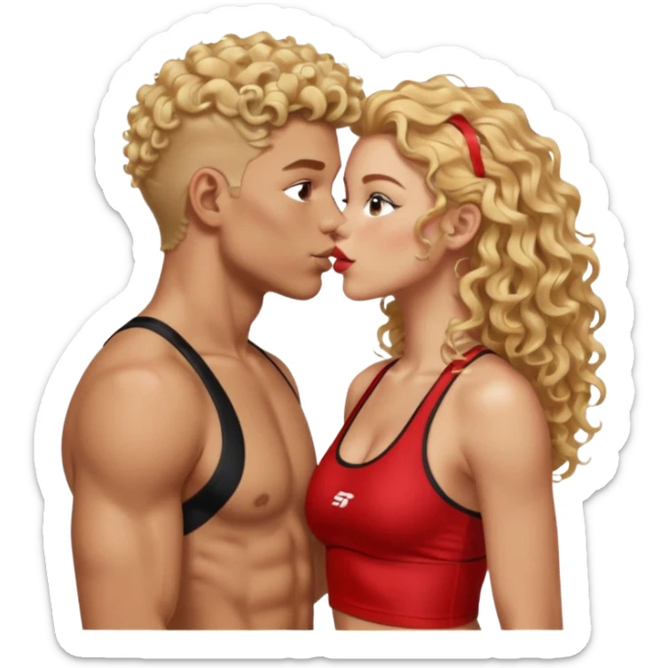 athletic man, high top fade, blonde curly hair only top only, no shirt and Athletic girl with long wavy red hair and black sports bra, Put them together kissing, or holding hands sticker