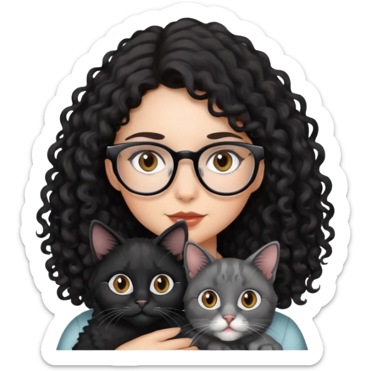 Girl with Brown eyes, black curly long hair, with glasses holding a cat Black and gray sticker