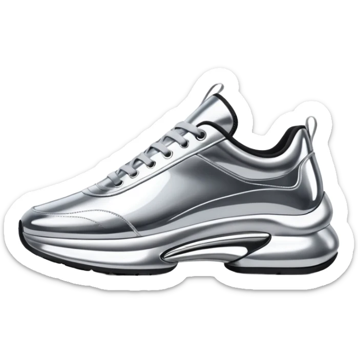 A pair of futuristic sneakers emoji made of silver chrome, sleek streetwear design, smooth metallic panels, subtle reflections, luxury swag aesthetic, iOS emoji style, centered, clean white background sticker