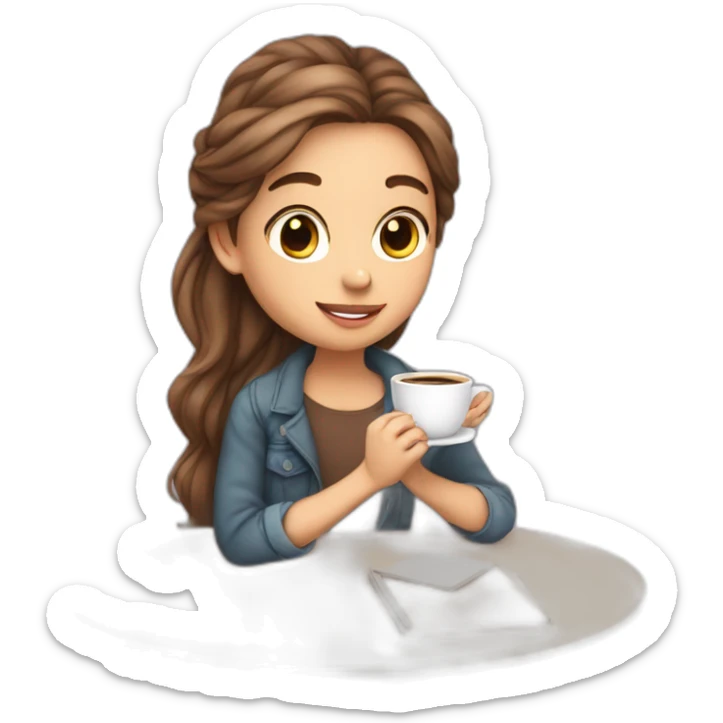 Cute girl full body skin is light and hair are flowing studying and sipping coffee sticker