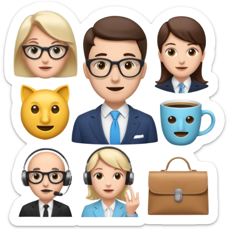 6 icons in a 2×3 grid, soft 3D emoji style, pastel colors, equal spacing, white background:
1) speech bubble
2) theatre masks
3) dynamic stopwatch
4) house + coffee + shopping bag
5) English gentleman
6) female support agent with headset
 sticker