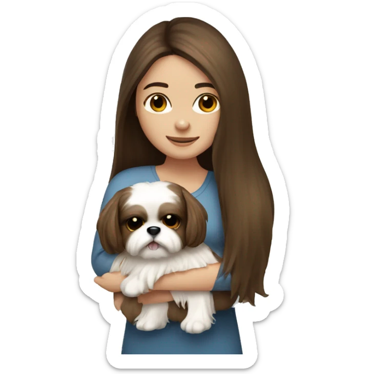 Brunette girl with brown long hair, hugging her Shih tzu white sticker