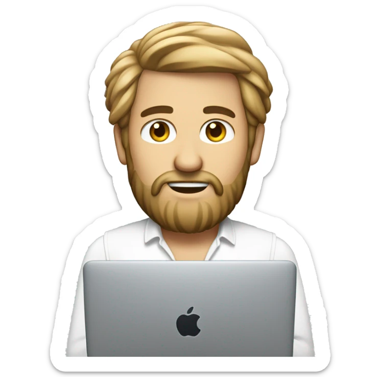 Un homme blanc avec une barbe de taille moyenne et des cheveux court qui travail sur un macbook sticker
