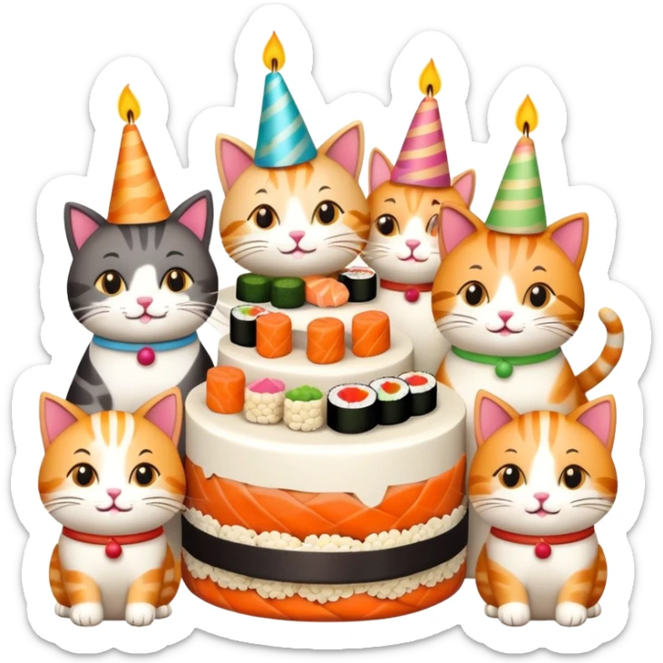 six happy cats wearing party hats celebrating a birthday party around a large cake made entirely of sushi with a candle on top sticker