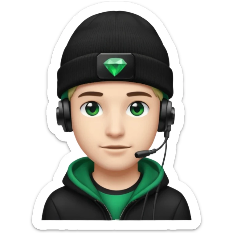 garcon avec un bonnet noir avec un emeraude dessus et un casque gaming moin bronzé sticker