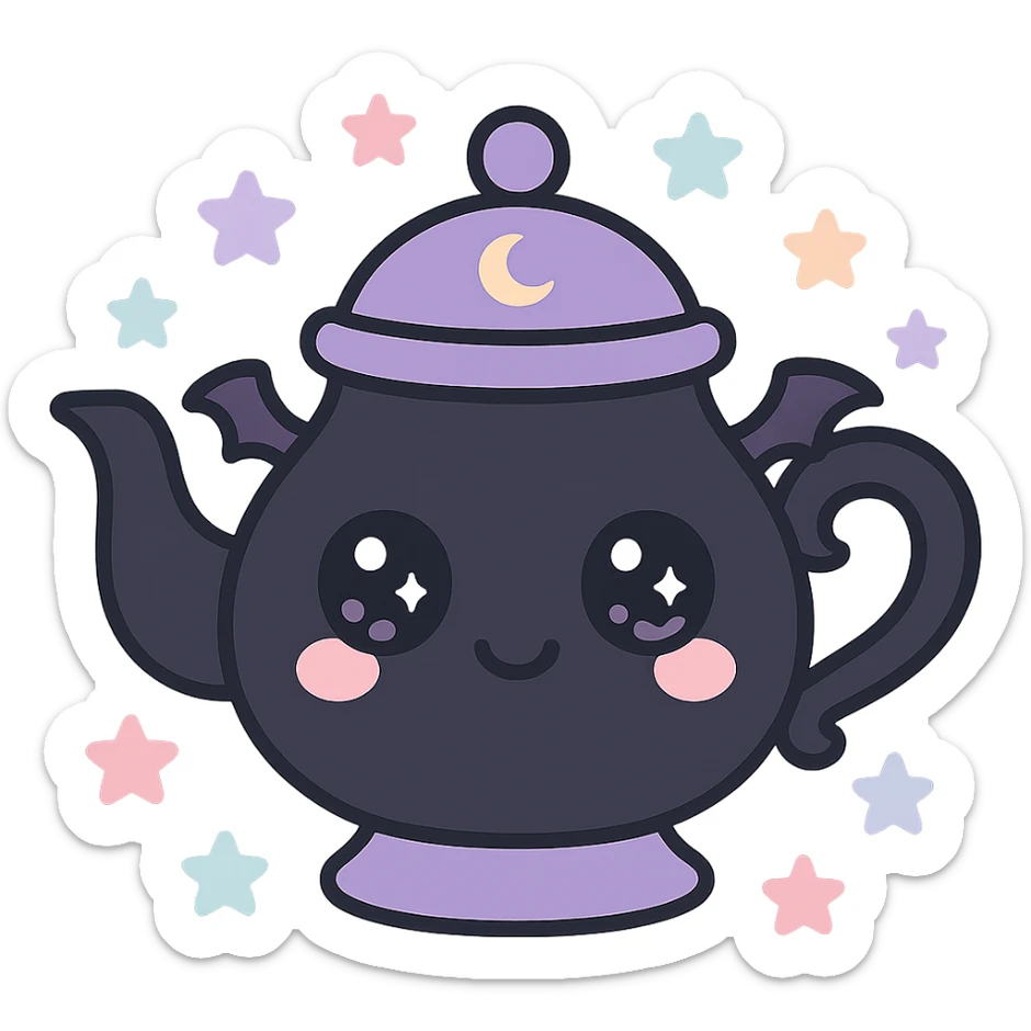 kawaii style magical gothic teapot, cute face, black and purple colors, sparkling eyes, tiny bat wings, surrounded by pastel stars, enchanting and whimsical sticker
