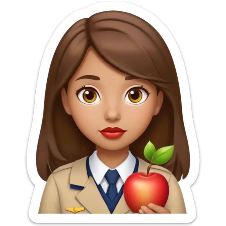 Apple emoji girl, Medium-length brown hair, brown eyes, big lips, in school uniform sticker