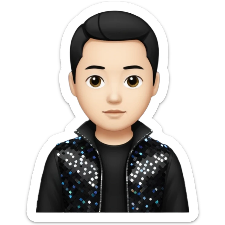 Joe Hahn from Linkin Park with black hair, light skin, black sequin outfit sticker