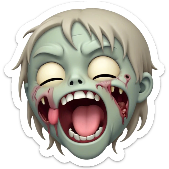 Cinematic Cute Yawning Zombie Portrait Emoji, with a delightfully quirky, slightly disheveled face in muted ashen tones, head tilted back in a big, funny yawn that reveals quirky stitches and playful gaps, simplified yet irresistibly charming, highly detailed with a soft, eerie glowing outline capturing the sleepy, offbeat vibe of a zombie taking a nap! sticker