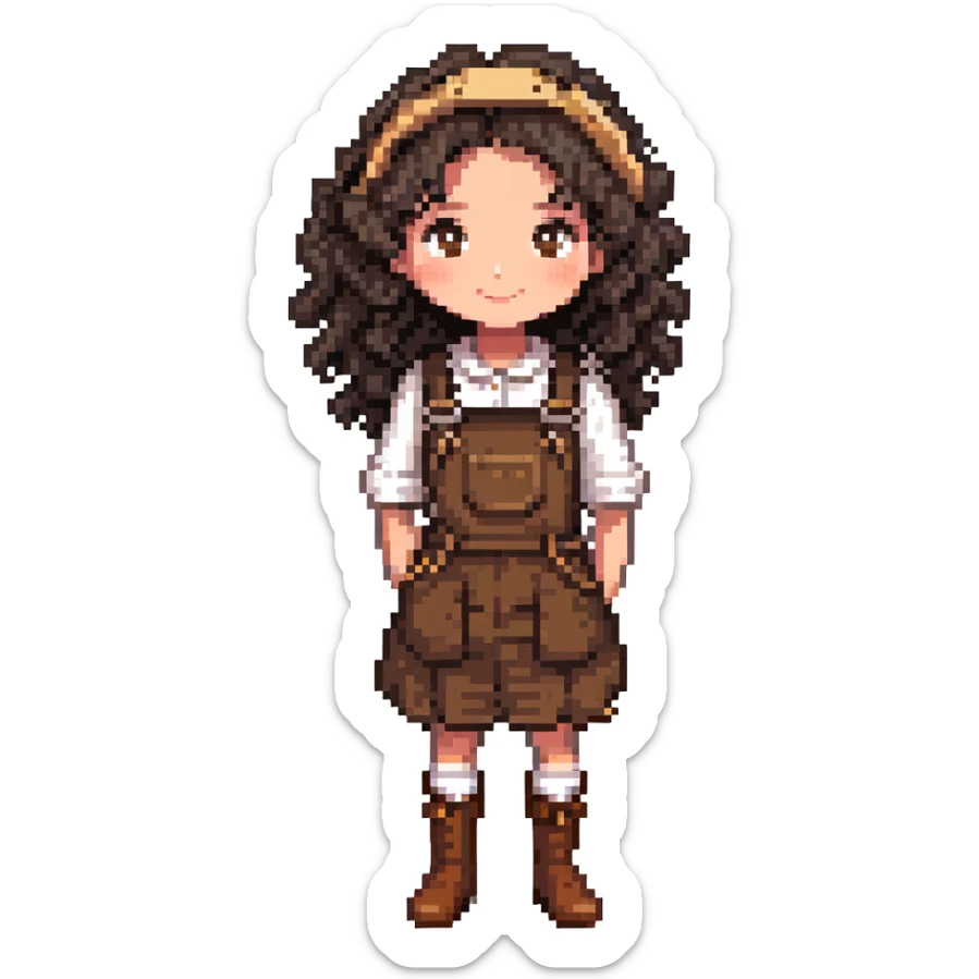 white girl with very curly dark brown hair, brown eyes, wearing farm clothes sticker