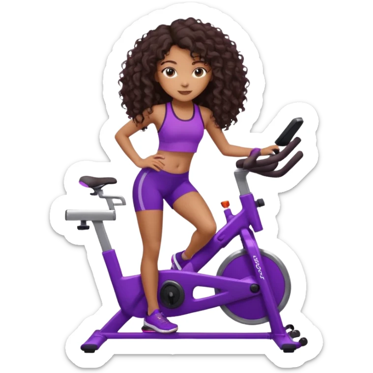 African American girl with long dark brown curly hair, purple workout set leaning on a indoor spin bike with NO HELMET,  sticker