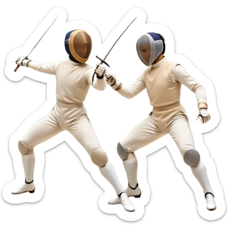 Two fencers in symmetrical stances, with crossed épées in front of them. Their forms are elegant and precise, showcasing the balance and strategy of fencing. The background features a blurred fencing piste, with subtle motion lines to emphasize the elegance and speed of the sport. sticker