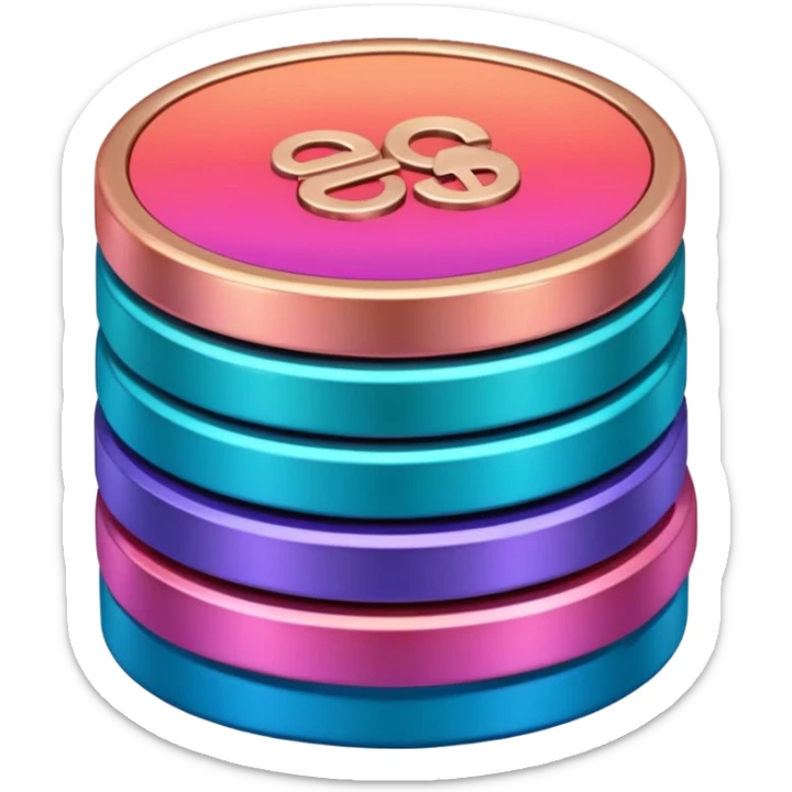 Stack of coins in gradient of turquoise, blue, pink, purple, and coral color withut letters sticker