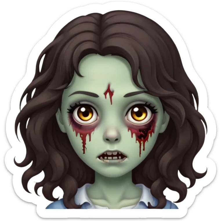 make a zombie emoji, girl with dark brown wavy hair, long hair, black eyes, small eyes, pretty  sticker