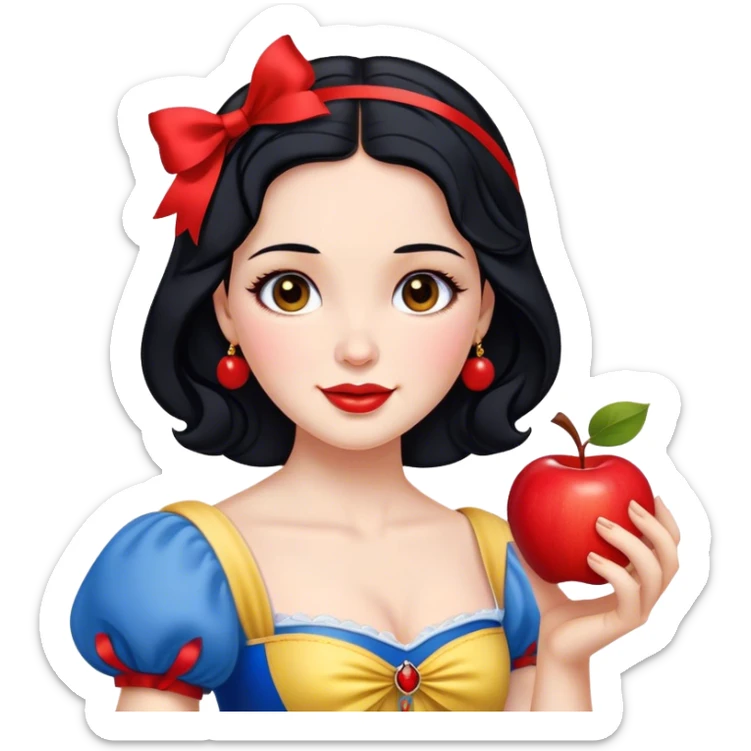 Cinematic Realistic Snow White Portrait, depicted with lifelike skin texture, soft natural lighting, and intricately detailed black hair styled with a red ribbon. Her soft brown eyes radiate innocence and kindness, complemented by a warm, gentle smile. She holds an apple in one hand, her other hand resting against her cheek, embodying her purity and charm. She is dressed in her classic yellow, blue, and red gown, the fabric rich in texture with delicate folds that catch the light beautifully. The portrait features a soft, natural glow with a radiant finish, capturing the essence of timeless beauty in a realistic and painterly style. sticker