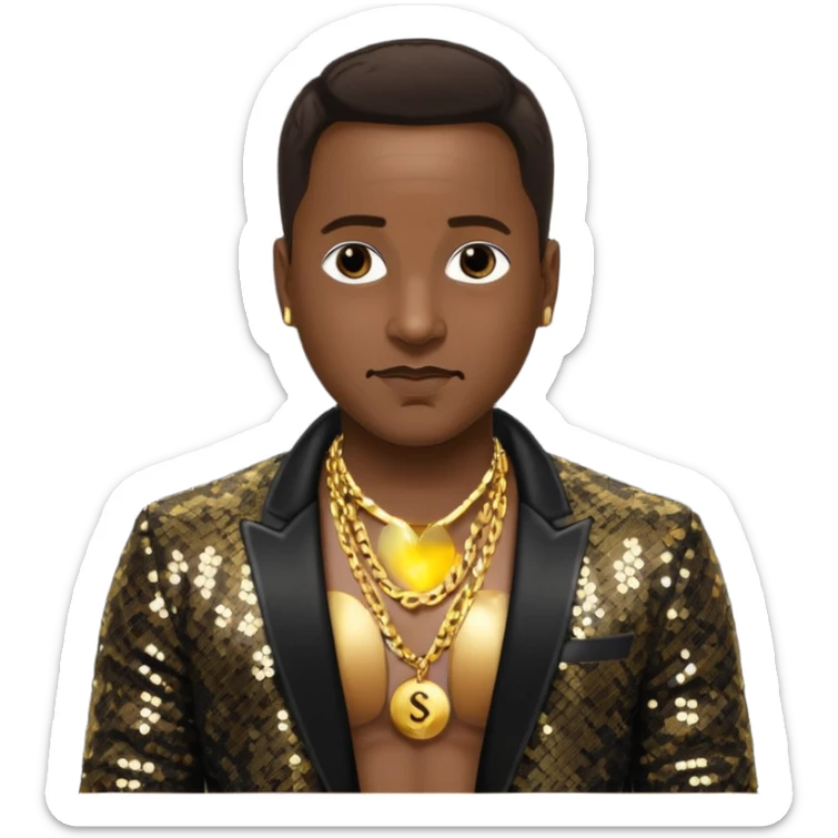 Johnny Gill with dark brown hair, black sequin jacket, shirtless with necklace sticker