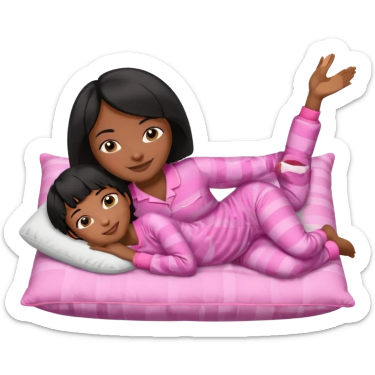 Dark skin Black woman with short  black bob  hair, pink pajamas laying on pillow just me  sticker