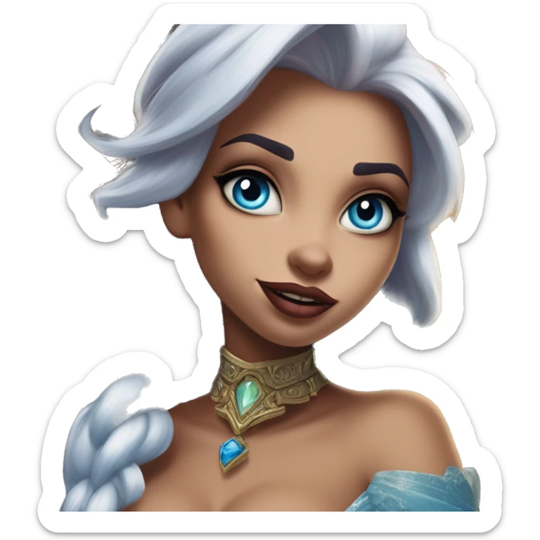 Warcraft gem collecting Elsa in Uncle Scrooge style, oil paint, mysterious eyes, intricate lips, masterpiece pose, odd perspective, beautiful, desirable, logical sticker