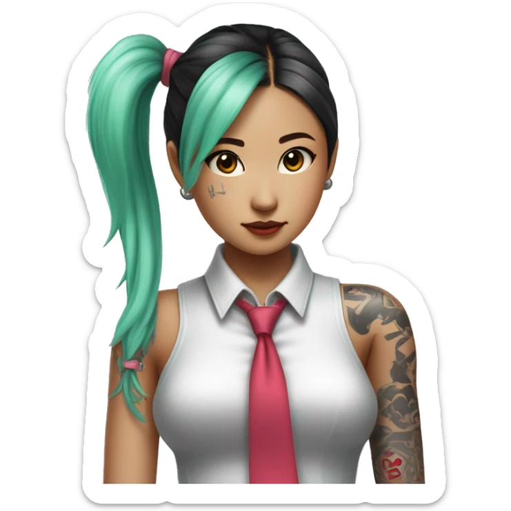 An Asian girl with long mint colored twin ponytail wearing a sleeveless silver shirt, a mint colored tie, and a black flared arm sleeve with a red 01 tattoo on her left arm has a pink square with a black border running through each ponytail sticker
