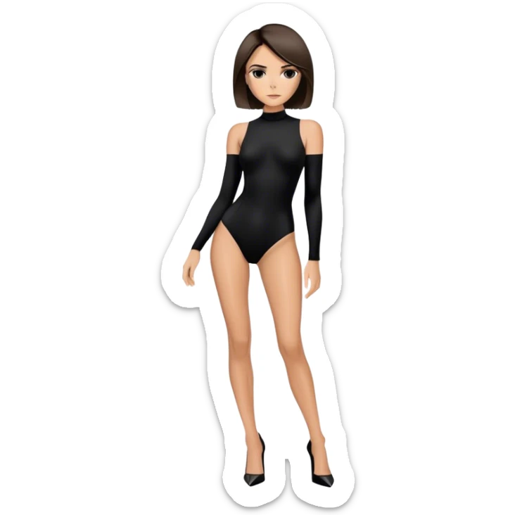 Victoria Beckham with light skin, short dark brown bob, black bodysuit wearing black heels sticker