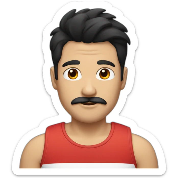 male with black hair, moustache and striped black and red tank top sticker