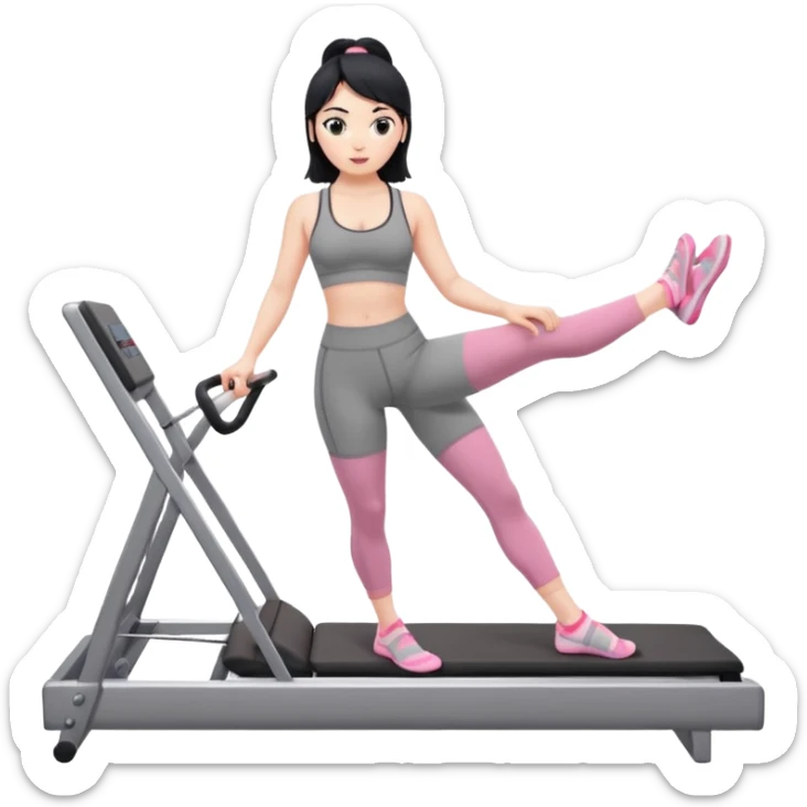 Create a Pilates emoji: a girl with fair skin and black hair, wearing a grey bra and grey leggings with pink pilates socks, exercising on a pilates reformer and not looking at the camera sticker