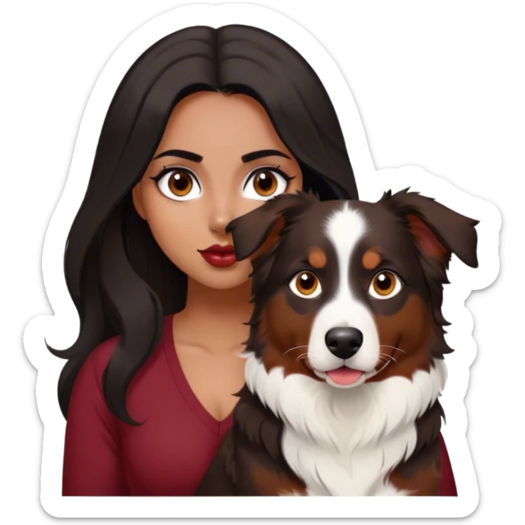 One latina girl with long beautiful dark hair and dark eyes in a dark red v neck and makeup with her black tri colored  Australian shepherd large sticker