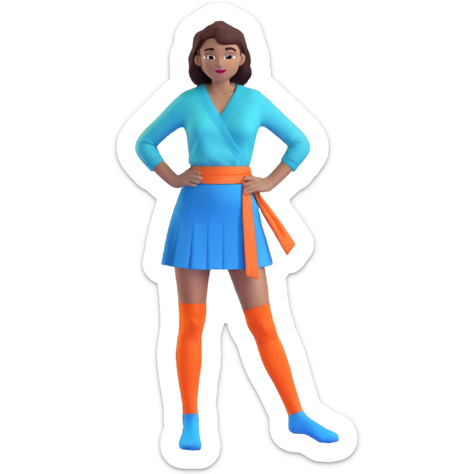 woman wearing teal wrap shirt, blue a-line skirt, light blue knee-high socks sticker