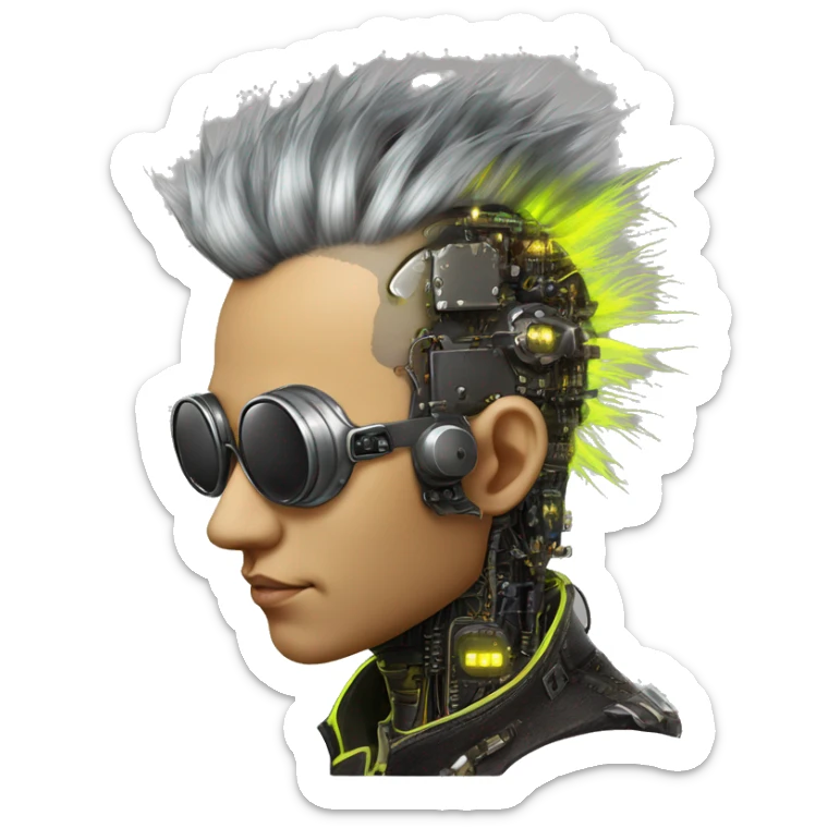 Neon yellow Mohawk hair Asian male cyborg head with silver steampunk goggles and circuits sticker