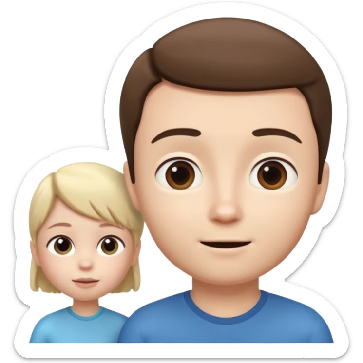 A 3D cartoon child looking up at a tall adult, white background, friendly expression, Memoji-style. sticker