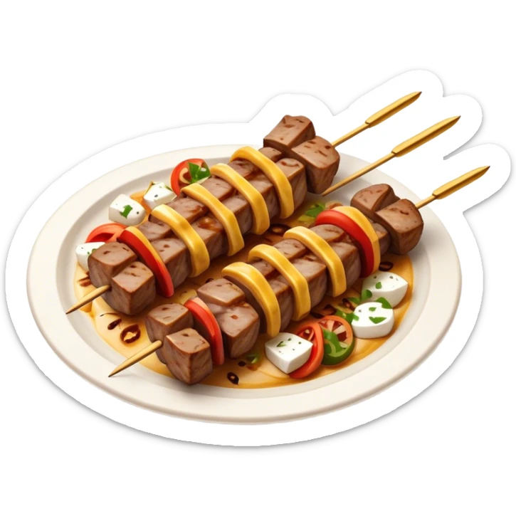 Cinematic Realistic Souvlaki Dish Emoji, showcasing skewered, grilled meat with Mediterranean spices rendered with dynamic textures and warm, appetizing lighting. sticker