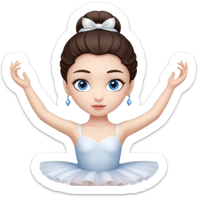 Realistic Ballerina Portrait, with porcelain-like skin featuring a natural rosy flush, illuminated by soft lighting that highlights the gentle contours of her face. Her Brunette hair flows in soft, Her deep blue eyes radiate warmth and innocence, framed by arched brows and long lashes. sticker