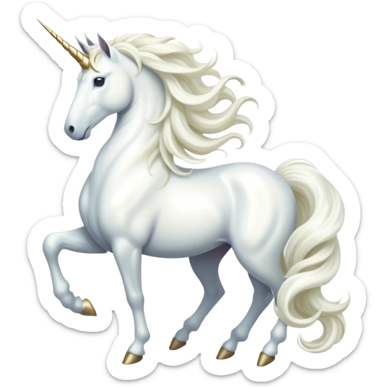 cinematic-noble-white-unicorn-full body-emoji,-poised-and-regal,-with-a-slender,-ethereal-form-draped-in-a-pristine-white-color,-a-flowing-mane-and-tail,-and-a-glistening,-spiraled-horn-that-radiates-pure-light,-simplified-yet-sharp-and-majestic, zoomed out to show a majestic unicorn sticker