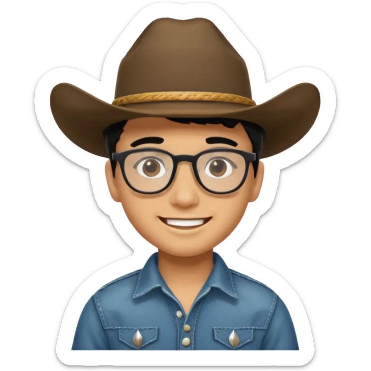 Hispanic Smiling boy with cow boy hat and black hair  . With chin strap and black glasses  sticker