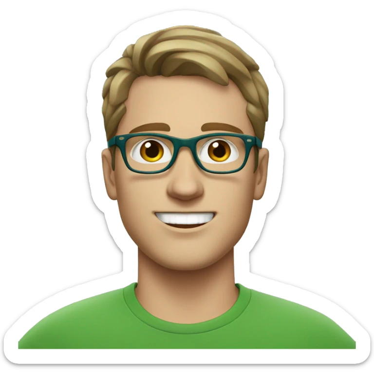 white young man with blue eyes and brown hair and square glasses wearing green t-shirt with headset sticker