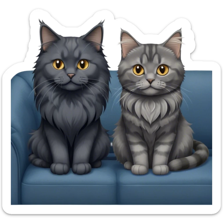 Portrait of a black smoke Maine Coon cat with long grey ear tufts, alongside a British Shorthair cat with a solid blue coat on sofa. Both cats with detailed fur textures and playful expressions. Soft, elegant background of room with warm, natural tones. Transparent background. sticker