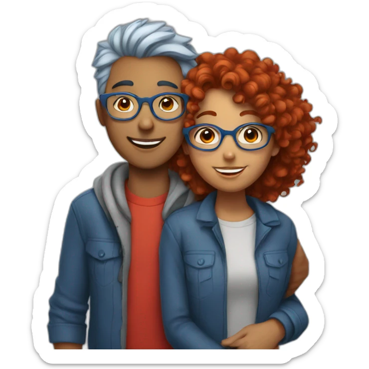a girl with red curly hair and blue glasses hugging a boy with gray hair sticker