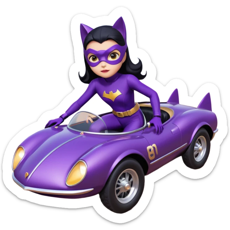  proportionally correct, real-appearance racing adult BatGirl’s feminine midnight-purple tight outfit sixty’s tv show 2032 stealth retro cat burglar sporty petite off-road pursuit floating black hover car with rose gold accents (black hair,reclined and relaxed seating position and attitude) sticker