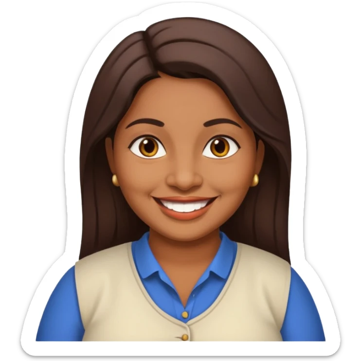 40 yr old chubby Sri Lankan woman, dark skin, straight brown hair, big smile, white teeth, european clothes sticker