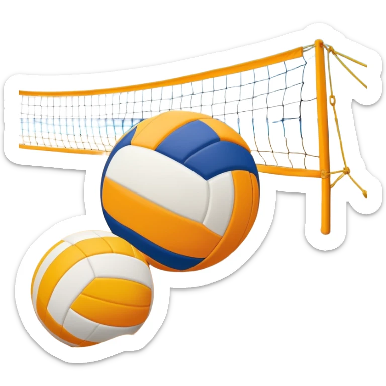 A volleyball resting on the yellow sand on a beach, with the net in the background and a scenic view of the ocean and sky. The scene captures the relaxed yet competitive vibe of beach volleyball, with warm sunlight and the natural beauty of the beach. sticker