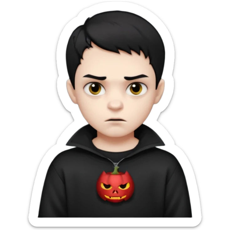 Vampire boy with the short black hair, pale-white skin, black eyes, little fangs and dark circles under his eyes. He has serious face and he wear a black oversize sweatshot sticker
