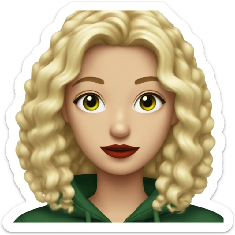 A blond girl with waved hair, medium length, red lips, green eyes, black hoody, red long nails, sharp features sticker