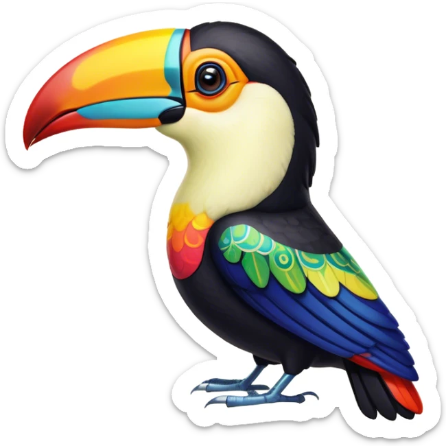 Cinematic Noble Toucan Portrait Emoji, Poised and regal, with a vibrant, striking beak and a sleek, colorful body adorned with bold patterns and keen, observant eyes, Simplified yet sharp and sophisticated features, highly detailed, glowing with a soft, tropical radiance, high shine, intelligent and majestic, stylized with an air of exotic elegance, focused and alert, soft glowing outline, capturing the essence of a watchful and confident avian guardian that appears ready to take flight out of the screen with effortless authority! sticker