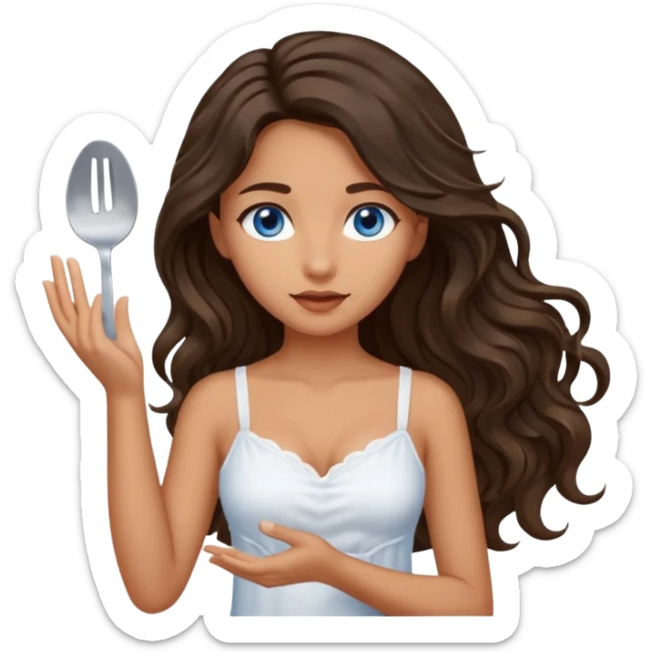 Girl with olive skin, blue eyes, brown dark insanely wavy long hair, white camisole, left hand palm up server style sticker