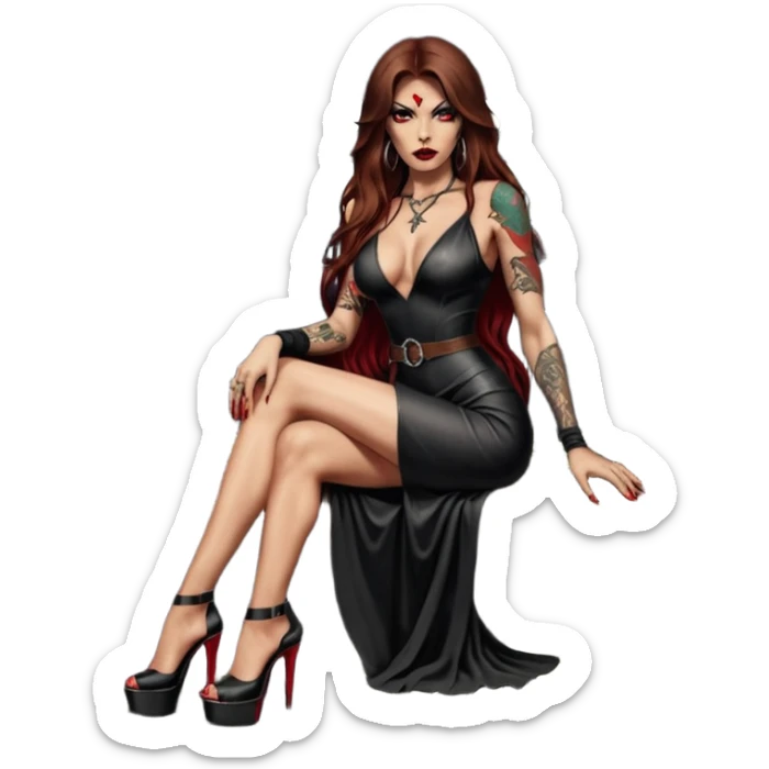 Lilith symbol red eye seductress evil long brown haired sexy succubus woman with leather long dress with slit, sitting in Big Large F350 pickup truck. Black Platform high heels on feet. Tattoo sleeve arms, seat full of stacks of cash, and a man dead human skull of her enemies and a gun in other hand sticker
