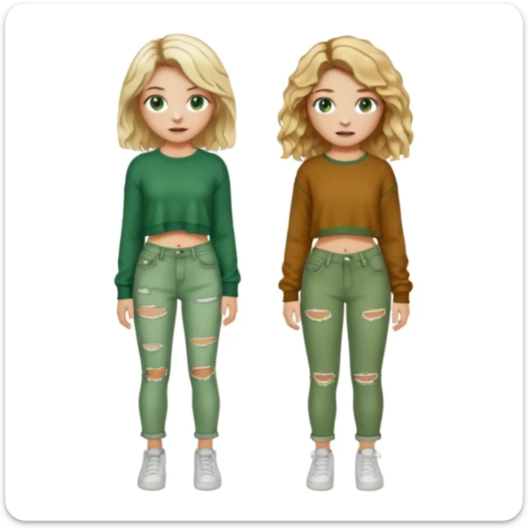 Two girls, both white, one with short wavy blonde hair and green eyes, dressed in punk Y2K fashion and the other with long wavy brown hair, brown eyes, freckles; and cozy green clothes  sticker