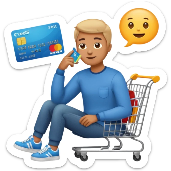 Emoji-style illustration of a person holding a credit card, hand on chin thinking. A thought bubble above the head showing clothes, sneakers, and a shopping cart, representing deciding whether to spend money. Clean, modern emoji style, bright colors, white or transparent background. sticker