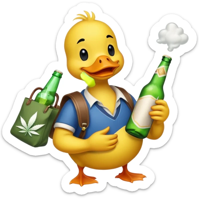 Drunk and high duck animal holding beed bottle and a bag of weed sticker
