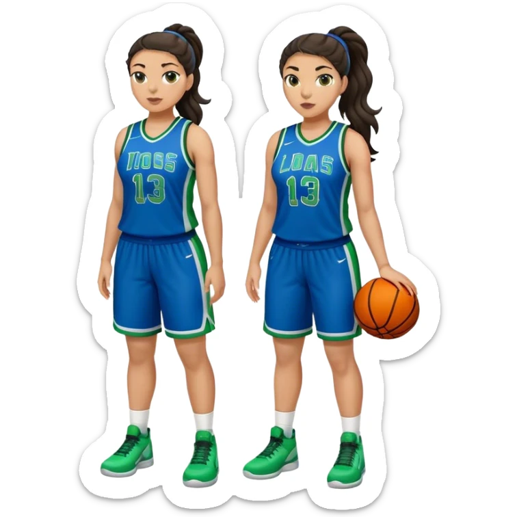 full body plus size light skin latino women basketball player with wavy dark hair in pony tail wide nose wearing blue uniform with green accent sticker