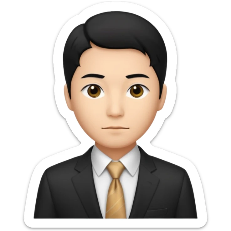Chinese man, straight black hair, dark eyes, wearing a designer black suit sticker